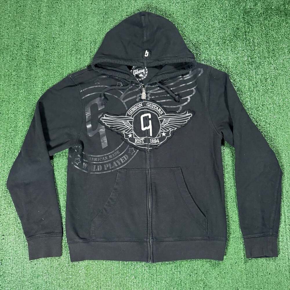 Y2K Style Gibson Wings Logo Black Zip-Up Hoodie Size Small
